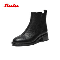 Bata时装靴女2025冬季商场粗跟百搭羊皮通勤短筒靴76180DD5 黑色-单里 37