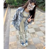 美式复古蓝色格子衬衫夏季设计感小众防晒长袖衬衣宽松外套