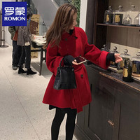 罗蒙(ROMON)高级感黑色斗篷双面羊绒大衣女小个子毛呢外套秋冬季羊毛呢子 红 XL【140-170斤】