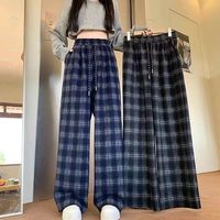 复古撞色格纹裤女春秋薄款宽松休闲百搭高腰显瘦通勤阔腿裤