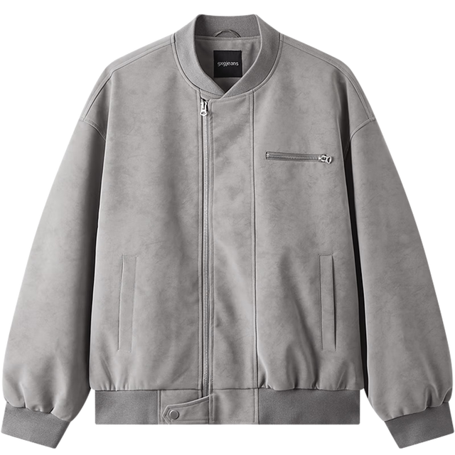 gxgjeans 25秋新品 美式PU皮休闲宽松棒球领飞行员夹克 灰色