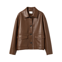 初棉工装风皮衣小翻领pu夹克24秋冬复古箱型机车短外套拼接设计 棕色 S