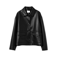 初棉工装风皮衣小翻领pu夹克24秋冬复古箱型机车短外套拼接设计 黑色 S