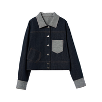 初棉轻复古拼接牛仔外套女 24冬季撞色设计感全棉牛仔短上衣 原牛色 S