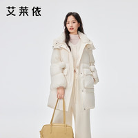 艾莱依羽绒服女士冬季连帽中长款外套毛球装饰面包新年衣服 马鞍棕 S 【80-110斤】155