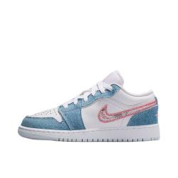 Jordan Air Jordan 1 复古潮流板鞋 运动休闲鞋 合成革支撑 大童/白色/浅蓝色 38