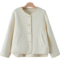 晚白2024冬季时尚简约厚外套纯色休闲绵羊毛短款毛料外套女 米白色 L