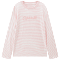 乐町 2025春季韩系清甜撞色条纹宽松落肩圆领植绒印花长袖T恤