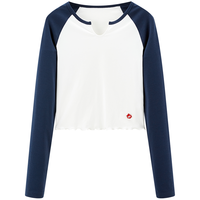 乐町 韩系清甜V领插肩长袖T恤2025春季木耳边苹果小标设计上衣