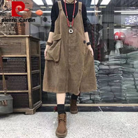 皮尔卡丹(pierre cardin)冬新宽松复古大尺码装薄灯芯绒背带裙遮肉减龄吊带裙潮 咖色 M 【建义90-115斤】