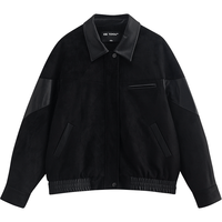 初语夹克外套女2025秋季宽松复古游牧风麂皮绒PU皮拼接款 黑色 M