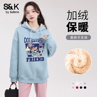 班尼路（Baleno）S&K系列加绒卫衣女秋冬加厚羊羔绒连帽保暖重磅摇粒绒上衣 雾霾蓝#Z旅游动物 【重磅羊羔绒】 M