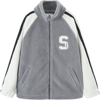 森马 Semir外套女插肩袖拼色仿羊羔毛冬季学院风立领宽松字母衣服时尚 灰白色调00321 M 160/84A