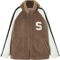 森马 Semir外套女插肩袖拼色仿羊羔毛冬季学院风立领宽松字母衣服时尚 咖白色调00351 S 155/80A