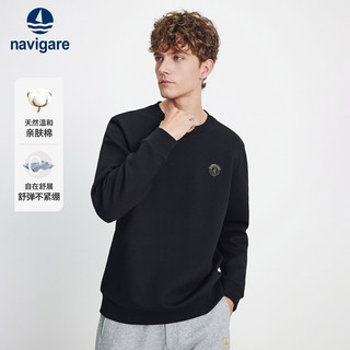 Navigare意大利小帆船棉质圆领卫衣男士春秋季休闲套头衫弹力T恤长袖男 暗夜黑 S