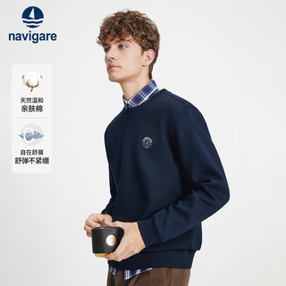 Navigare意大利小帆船棉质圆领卫衣男士春秋季休闲套头衫弹力T恤长袖男 海军蓝 S