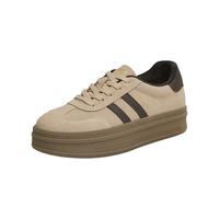 天美意丝绒蛋糕复古休闲厚底德训鞋女2025加绒运动板鞋小白鞋 啡色（绒里） 34