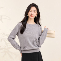 春竹羊毛秋冬圆领合体刺绣珠片花朵时尚洋气保暖毛衣女羊毛衫 格浅灰 3XL 115cm