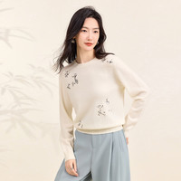 春竹羊毛秋冬圆领合体刺绣珠片花朵时尚洋气保暖毛衣女羊毛衫 新白色 L 100cm