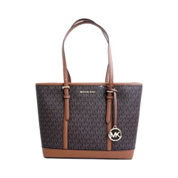MICHAEL KORS Jet Set Travel 手提包 小号 老花满印涂层帆布拼皮 复古字母LOGO 棕色