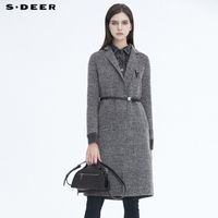 S·DEER圣迪奥女装时尚牛仔拼接收腰假两件毛呢大衣S20481802