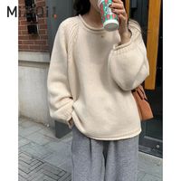 米白色圆领毛衣女冬粗针宽松独特别致卷边保暖内搭可外穿针织上衣