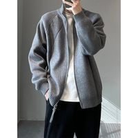 秋冬季双拉链针织外套男长袖休闲宽松简约立领针织开衫毛衣外套男