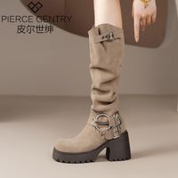 皮尔世绅厚底及膝长靴女松糕堆堆瘦瘦靴秋季皮带扣高跟高筒靴【12月14日发完】