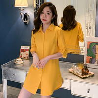 诗蒂淑白色衬衫女长袖中长款韩版2025BF性感衬衣宽松大码打底睡衣风 黄色 3XL