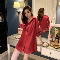 诗蒂淑白色衬衫女长袖中长款韩版2025BF性感衬衣宽松大码打底睡衣风 枣红色 3XL
