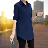 诗蒂淑白色衬衫女长袖中长款韩版2025BF性感衬衣宽松大码打底睡衣风 藏青色 S