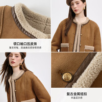 KBNE纯色短款麂皮羊羔毛外套2025春秋冬长袖夹克气质上衣女装 深驼色 L