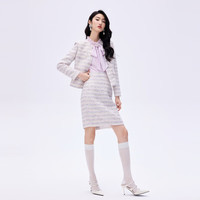 LIME FLARE朗姿/LIME莱茵小香风粗花呢圆领套装外套半裙扣饰26年春 半裙粉紫色 XL