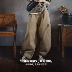 马登 美式复古多口袋宽松阔腿裤春秋女弯刀裤