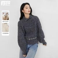 对白 秋冬不对称翻领套头毛衣气质独特插肩袖腰链女式针织衫