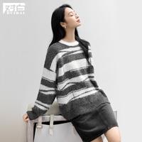 对白 秋冬不规则撞色条纹女式圆领毛衣设计感小众宽松针织衫