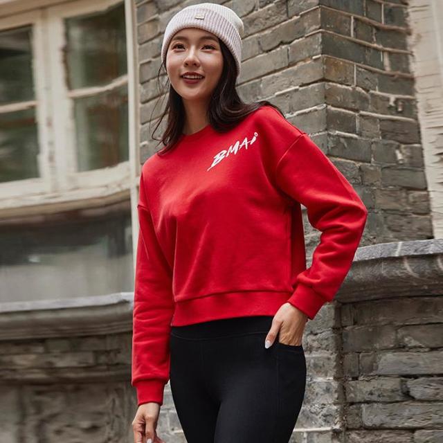 必迈 女式秋冬红色本命年卫衣运动针织套头上衣保暖休闲