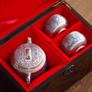 景盏 敦煌文创 景德镇鎏银茶壶-天命玄鸟一壶二杯 礼盒装