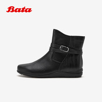 Bata时装靴女2025冬季商场百搭软底羊皮通勤短筒靴AWM65DD5 黑色-薄绒 37