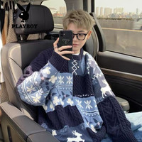 花花公子（PLAYBOY）毛衣男费尔岛圣诞男日系复古慵懒感加厚古着潮牌内搭冬季针织衫 866毛衣 藏青 3XL