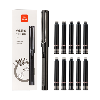 得力 EF明尖钢笔套装学生文具 速干不易脏手正姿练字珠光黑(1笔10黑色墨囊) S5-T EF尖(约0.38mm)