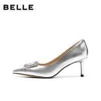 百丽（Belle）气质方扣高跟单鞋女2026春新细高跟牛皮通勤优雅单鞋B3067AQ6 银色-光面 34