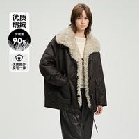 BADGLEY MISCHKA 芭莎皮毛一体羊毛领外套女牛角扣翻领派克服皮草秋冬