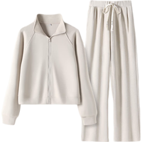 MJ STYLE运动套装女2025春季通勤休闲卫衣阔腿裤搭配一整套早春两件 浅卡其纯色/浅卡其纯色