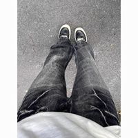 闪电纹做旧水洗黑牛仔裤小众设计感hiphop裤子高街vibe美式微喇裤