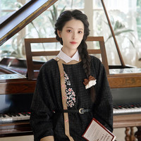 清水溪汉初五弦檀音 清水溪汉初国风汉服圆领弓袋袖秋冬保暖改良八分马面裙 玄色改良圆领弓袋袖  L