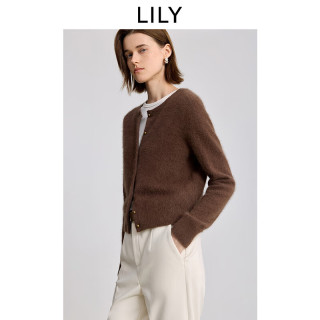 LILY2025冬新款浣熊绒羊毛混纺加厚加绒老钱风通勤针织开衫外套女 732巧克力色
