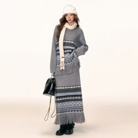 EPTISON针织套装女2025冬季费尔岛毛衣半身裙时尚条纹两件套 薄雾灰 M