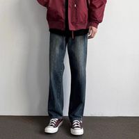 深蓝色牛仔裤男款秋季2024美式复古宽松直筒cleanfit男生裤子