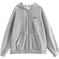 初语字母印花连帽卫衣女2024年秋冬宽松显瘦加绒外套 花灰色-复古字母 L